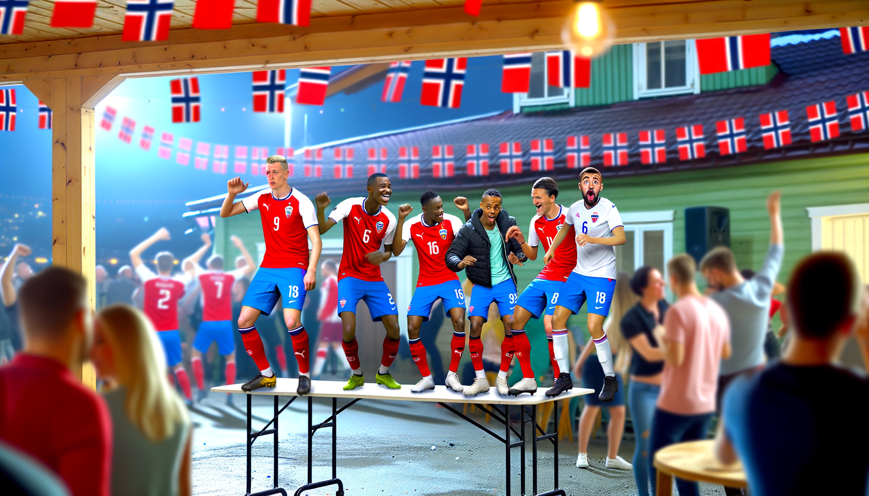 Norges landshold fejrer stor sejr med fest og dans på bordet