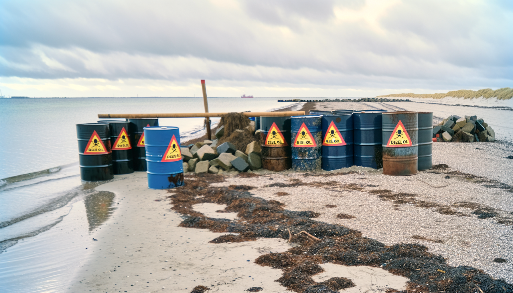 Flere olietønder drevet i land ved Agger: risiko for dieselolieforurening